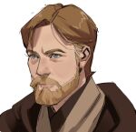  1boy bangs beard brown_hair brown_robe closed_mouth expressionless facial_hair grey_eyes highres lips looking_to_the_side male_focus mustache obi-wan_kenobi portrait short_hair simple_background solo star_wars thisuserisalive white_background 