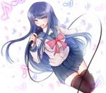 1girl :d absurdres black_legwear blue_eyes blue_hair blue_skirt bow breasts c01a_(cola) collarbone commentary dangan_ronpa:_trigger_happy_havoc dangan_ronpa_(series) eighth_note eyebrows_visible_through_hair hair_ornament hairclip highres holding holding_microphone large_breasts long_hair long_sleeves looking_at_viewer maizono_sayaka microphone music musical_note open_mouth pleated_skirt quarter_note sailor_collar school_uniform serafuku singing skindentation skirt smile solo thigh-highs treble_clef very_long_hair zettai_ryouiki 