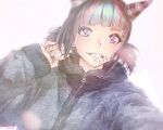  1girl alternate_costume artist_name bangs black_hair black_hoodie black_jacket blue_hair blunt_bangs blush commentary_request dangan_ronpa_(series) dangan_ronpa_2:_goodbye_despair ear_piercing ears_visible_through_hair eyebrows_visible_through_hair fake_horns fangs grin hand_up hood hood_down hooded_jacket hoodie horns jacket light long_sleeves looking_at_viewer mioda_69ch mioda_ibuki mouth_piercing multicolored_hair piercing pink_eyes pink_hair reaching_out school_uniform short_hair signature simple_background sleeves_past_wrists smile solo teeth twintails upper_body zipper_pull_tab 