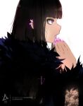  1girl aurahack bangs black_hair blunt_bangs ear_piercing earrings highres jewelry long_hair long_sleeves original piercing profile purple_nails simple_background solo twitter_username upper_body violet_eyes watermark web_address white_background 