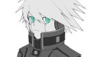  1boy armor bangs close-up closed_mouth commentary_request dangan_ronpa_(series) dangan_ronpa_v3:_killing_harmony ewa_(seraphhuiyu) expressionless face green_eyes hair_between_eyes highres keebo looking_at_viewer male_focus medium_hair monochrome portrait solo spiky_hair spot_color upper_body white_background 