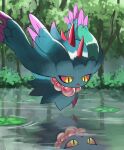  absurdres colored_sclera commentary_request day floating flutter_mane highres jira_(ziraiya26) lily_pad looking_down outdoors pink_sclera pokemon reflection spikes tree water yellow_eyes 