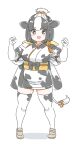  1girl adapted_costume animal_ears animal_print bell black_hair blush bow commentary_request cow_ears cow_girl cow_print cow_tail extra_ears eyebrows_visible_through_hair full_body hair_bow hair_bun highres holstein_friesian_cattle_(kemono_friends) japanese_clothes kemono_friends kimono mitsumoto_jouji multicolored_hair orange_bow print_kimono print_legwear short_hair solo tail tail_bell tail_bow tail_ornament thigh-highs tied_sleeves two-tone_hair white_footwear white_hair zettai_ryouiki 