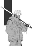  1boy absurdres alternate_costume baggy_clothes bok cu_chulainn_(fate)_(all) fate/stay_night fate_(series) fingerless_gloves gloves hand_in_pocket highres holding holding_polearm holding_weapon jacket lancer long_hair long_sleeves male_focus mask monochrome polearm ponytail solo spiky_hair strap type-moon weapon 