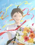  1boy ;d ahoge bangs bouquet brown_eyes brown_hair collared_shirt commentary_request confetti dangan_ronpa_(series) dangan_ronpa_2:_goodbye_despair flower happy_birthday highres hinata_hajime holding holding_bouquet looking_at_viewer male_focus necktie one_eye_closed open_mouth orange_flower petals pink_flower ribbon shirt short_hair sky smile solo upper_body white_flower white_shirt yana_(87ng0) yellow_flower 