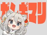  1girl chibi double_bun fangs grey_eyes grey_hair hololive japanese_clothes kashiwasa_karune kimono long_hair shishiro_botan smile virtual_youtuber wide-eyed 