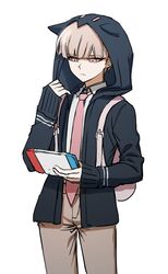  1boy backpack bag bangs black_jacket blunt_bangs brown_pants closed_mouth collared_shirt cowboy_shot dangan_ronpa_(series) dangan_ronpa_2:_goodbye_despair genderswap genderswap_(ftm) hand_in_pocket hand_up handheld_game_console holding hood hood_up hooded_jacket jacket light_brown_hair long_sleeves male_focus nanami_chiaki necktie nintendo_switch no_(xpxz7347) open_clothes pants pink_bag pink_eyes pink_neckwear shirt short_hair simple_background sleeves_past_wrists solo standing white_background white_shirt 