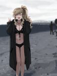  1girl :d ^_^ bangs bare_legs beach bikini bikini_under_clothes black_coat blonde_hair blush closed_eyes clouds cloudy_sky coat day double_v eyebrows_visible_through_hair facing_viewer feet_out_of_frame front-tie_bikini front-tie_top goshiki_suzu highres idolmaster idolmaster_cinderella_girls jewelry long_hair long_sleeves navel necklace ootsuki_yui open_clothes open_coat open_mouth outdoors polka_dot polka_dot_bikini side_ponytail silhouette sky sleeves_past_wrists smile solo_focus standing stomach swept_bangs swimsuit thigh_gap unbuttoned v water 