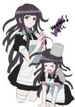  1girl apron arms_up bandaged_arm bandaged_leg bandages bangs bucket bucket_on_head closed_eyes commentary cropped_legs crying dangan_ronpa_(series) dangan_ronpa_2:_goodbye_despair english_text fingers_together frilled_apron frills frown long_hair maid milestone_celebration mole mole_under_eye nabu_(d4ng4nn6bu12) object_on_head open_mouth purple_hair rag short_sleeves sidelocks simple_background single_tear syringe tsumiki_mikan upper_teeth violet_eyes white_background 