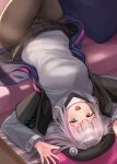  1girl :d beret blue_eyes commentary_request girls_frontline hat heterochromia highres jacket long_hair looking_at_viewer lying mdr_(girls_frontline) multicolored_hair on_back open_clothes open_jacket open_mouth pantyhose pink_eyes silver_hair skirt smile solo streaked_hair thighband_pantyhose thighs tobimura upside-down 