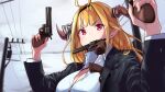  breasts cosplay dragon_horns dual_wielding formal gun gun_in_mouth highres holding hololive horns kiryuu_coco large_breasts orange_hair red_eyes revolver ryuu_ga_gotoku ryuu_ga_gotoku_4 saejima_taiga saejima_taiga_(cosplay) suit utility_pole weapon yuyaiyaui 