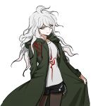  1girl bangs black_legwear black_shorts chain closed_mouth coat collarbone cowboy_shot dangan_ronpa_(series) dangan_ronpa_2:_goodbye_despair eyebrows_visible_through_hair genderswap genderswap_(mtf) green_coat grey_eyes grey_hair hair_between_eyes hood hood_down komaeda_nagito legwear_under_shorts long_hair long_sleeves looking_at_viewer messy_hair no_(xpxz7347) open_clothes pantyhose print_shirt shirt short_shorts shorts simple_background smile solo white_background white_hair white_shirt 