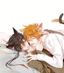 2boys animal_ears artist_name black_hair black_sweater cat_ears cat_tail closed_eyes cuddling ear_piercing fang gem genshin_impact hand_on_head hand_on_shoulder highres intertwined_tails jewelry lying messy_hair multicolored_hair multiple_boys on_back on_bed one_eye_closed orange_hair petting piercing rokuon short_hair simple_background smile sweater tail tartaglia_(genshin_impact) white_background white_sweater yaoi zhongli_(genshin_impact)