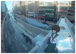  1girl 7-eleven bag bibido brown_hair building day dolphin handbag highres lamppost long_sleeves orca original outdoors pedestrian_bridge puddle railing road school_uniform serafuku shirt short_hair traffic_cone whale white_shirt 