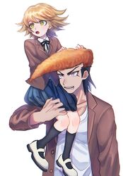  2boys :o alternate_costume bangs black_hair black_legwear blue_skirt brown_jacket collarbone collared_shirt commentary_request dangan_ronpa:_trigger_happy_havoc dangan_ronpa_(series) flipped_hair fujisaki_chihiro green_eyes hat highres jacket kneehighs long_sleeves male_focus multiple_boys neck_ribbon on_shoulder oowada_mondo open_mouth otoko_no_ko pleated_skirt ribbon school_uniform shirt shoes simple_background sitting skirt tei_(auntaso) uwabaki white_background white_footwear white_shirt 