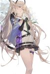  1girl absurdres arknights bangs blush brown_hair commentary ergouzi_echo flower hair_ornament highres holding holding_flower indigo_(arknights) infection_monitor_(arknights) lily_(flower) long_hair pointy_ears solo test_tube thigh_strap twintails very_long_hair violet_eyes 