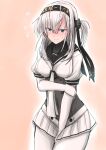  1girl blue_eyes blush bodysuit breasts closed_mouth hair_between_eyes hair_ribbon highres kamaboko_senshi kantai_collection looking_away medium_breasts medium_hair necktie ribbon simple_background skirt suzutsuki_(kantai_collection) sweat sweatdrop thighs upper_body white_bodysuit white_hair 