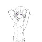  1girl armpits arms_up bangs bare_arms camisole closed_mouth collarbone commentary_request dangan_ronpa_(series) dangan_ronpa_v3:_killing_harmony ewa_(seraphhuiyu) genderswap genderswap_(mtf) hair_between_eyes looking_at_viewer ouma_kokichi simple_background solo spot_color sweat tank_top tying_hair upper_body violet_eyes white_background 