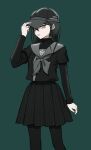  1girl adjusting_clothes adjusting_headwear ahoge arm_at_side bangs black_eyes black_hair black_legwear black_serafuku black_shirt black_skirt dangan_ronpa_(series) dangan_ronpa_v3:_killing_harmony feet_out_of_frame genderswap genderswap_(mtf) green_background hair_between_eyes hand_on_headwear hand_up hat highres long_hair long_sleeves looking_at_viewer neckerchief no_(xpxz7347) pantyhose pleated_skirt saihara_shuuichi sailor_collar school_uniform serafuku shirt short_hair short_over_long_sleeves short_sleeves simple_background skirt solo standing striped striped_skirt turtleneck vertical_stripes 