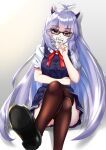  1girl bespectacled blue_eyes blue_hair blue_skirt breasts crossed_legs english_text finger_to_own_chin glasses gradient_hair hearty-cg highres horns indie_virtual_youtuber long_hair looking_at_viewer medium_breasts multicolored_hair note profanity school_uniform shoe_soles silver_hair sitting skirt smile solo thigh-highs vei_(vtuber) very_long_hair virtual_youtuber 
