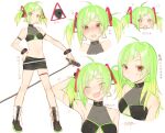  1girl ahoge alternate_hairstyle angry blush breasts clothing_cutout crying delutaya expressions fangs green_hair holding holding_microphone indie_virtual_youtuber looking_at_viewer microphone midriff miniskirt multiple_views navel okazaki_toru open_mouth skindentation skirt small_breasts thigh_strap twintails under_boob underboob_cutout v-shaped_eyebrows virtual_youtuber 