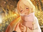  1girl :d alternate_costume blonde_hair blush christmas_lights clarice_(idolmaster) closed_eyes coat holding_hands idolmaster idolmaster_cinderella_girls motomoufu_(p_blanket) open_mouth pink_scarf pov pov_hands scarf smile solo_focus upper_body white_coat winter_clothes 