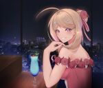  1girl ahoge akamatsu_kaede alternate_costume alternate_hair_ornament alternate_hairstyle artist_name bare_arms bare_shoulders blonde_hair blurry blurry_background blush c01a_(cola) cherry city cocktail_glass commentary cup dangan_ronpa_(series) dangan_ronpa_v3:_killing_harmony dress drinking_glass flower food from_side fruit grin hair_ornament hair_ribbon hand_up highres indoors long_hair looking_at_viewer musical_note musical_note_hair_ornament pink_dress repost_notice ribbon smile solo upper_body violet_eyes 
