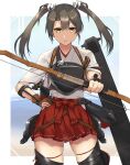  1girl absurdres arrow_(projectile) boots bow_(weapon) brown_gloves cowboy_shot dark_green_hair flat_chest flight_deck gloves green_eyes hair_ribbon highres holding holding_bow_(weapon) holding_weapon jewelry kantai_collection long_hair looking_at_viewer ohiya partially_fingerless_gloves quiver ribbon ring single_glove smile solo thigh-highs thigh_boots twintails weapon wedding_band white_ribbon yugake zettai_ryouiki zuikaku_(kantai_collection) 