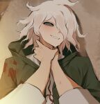  2boys asphyxiation bangs blush choking commentary_request crazy_eyes dangan_ronpa_(series) dangan_ronpa_2:_goodbye_despair green_jacket grin hair_over_one_eye highres hinata_hajime hood hooded_jacket jacket komaeda_nagito long_sleeves looking_at_viewer lying male_focus multiple_boys on_back pov pov_hands print_shirt shirt short_sleeves smile solo_focus sweatdrop teeth upper_body white_hair ziluolan2229 