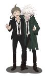  2boys ahoge anger_vein bangs belt black_belt black_footwear black_jacket black_neckwear black_pants brown_hair bruise cheek_pinching closed_eyes collarbone collared_shirt commentary_request dangan_ronpa_(series) dangan_ronpa_2:_goodbye_despair dangan_ronpa_3_(anime) formal green_jacket grey_hair hair_between_eyes hand_in_pocket hand_on_another&#039;s_hip hand_up highres hinata_hajime hood hooded_jacket injury jacket komaeda_nagito long_sleeves male_focus medium_hair multiple_boys necktie open_mouth pants pinching shirt shoes short_hair standing_on_another&#039;s_feet torn_clothes torn_coat torn_jacket torn_necktie torn_shirt white_background white_shirt yana_(87ng0) 