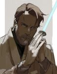  1boy bangs beard brown_hair brown_robe closed_mouth commentary energy_sword energy_weapon facial_hair fingernails gloves grey_background grey_eyes highres holding holding_sword holding_weapon lightsaber lips long_sleeves looking_to_the_side male_focus mustache obi-wan_kenobi outside_border pillarboxed robe short_hair sketch solo star_wars sword thisuserisalive upper_body weapon 