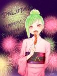  1girl alternate_costume alternate_hairstyle corn_dog delutaya earrings eyebrows_visible_through_hair fangs fireworks food green_hair hair_behind_ear highres holding holding_food indie_virtual_youtuber japanese_clothes jewelry kimono looking_at_viewer obi okazaki_toru open_mouth red_eyes sash signature solo triangle_earrings virtual_youtuber yukata 