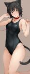  1girl absurdres amagami animal_collar animal_ear_fluff animal_ears bed_sheet black_hair black_swimsuit blush breasts brown_eyes cat_ears cat_tail collar commentary_request competition_swimsuit fake_animal_ears highres kemonomimi_mode leash looking_at_viewer lying medium_breasts mobu nanasaki_ai on_back one-piece_swimsuit red_collar short_hair solo swimsuit tail thighs 