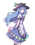  1girl absurdres bangs black_headwear blue_hair blue_skirt closed_mouth cowboy_shot food frilled_skirt frills from_side fruit highres hinanawi_tenshi kame_(kamepan44231) leaf long_hair looking_at_viewer looking_to_the_side peach petticoat puffy_short_sleeves puffy_sleeves rainbow_order red_eyes red_neckwear short_sleeves simple_background skirt solo standing touhou white_background 