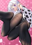  1girl :d animal_print ass bangs black_legwear black_nails blush checkered checkered_background commentary_request cow_print eyebrows_visible_through_hair feet floral_background from_below gurande_(g-size) hair_between_eyes highres japanese_clothes kimono long_sleeves looking_at_viewer looking_down multicolored multicolored_nails nail_polish no_shoes open_mouth original panties panties_under_pantyhose pantyhose pink_background print_kimono print_panties silver_hair smile soles solo sumeragi_hakua thighband_pantyhose underwear violet_eyes white_kimono white_nails wide_sleeves 