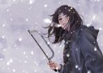  1girl adabana black_eyes black_hair blood blood_on_face bloody_hands breath coat crying highres holding medium_hair mole mole_under_eye non_(mangaka) official_art overcast saw snow solo streaming_tears tears upper_body winter_clothes winter_coat 