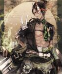  1boy aragami_ouga bare_pecs black_hair dark_skin dark_skinned_male glowing glowing_eye green_eyes highres hoja_(hoja1214) holostars horns looking_at_viewer male_focus mask open_mouth red_eyes sharp_teeth short_hair single_horn smile teeth virtual_youtuber 