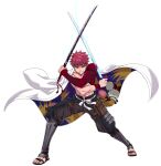  1boy applechoc cape dual_wielding emiya_shirou fate/grand_order fate_(series) fighting_stance flower full_body highres holding igote limited/zero_over looking_at_viewer male_focus redhead sengo_muramasa_(fate) simple_background solo sword weapon white_background white_cape wristband yellow_eyes 