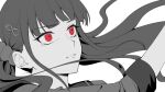  1girl bangs blunt_bangs commentary_request dangan_ronpa_(series) dangan_ronpa_v3:_killing_harmony ewa_(seraphhuiyu) face floating_hair hair_ornament hairclip hand_up harukawa_maki highres long_hair low_twintails monochrome parted_lips red_eyes shirt simple_background sleeves_past_elbows solo spot_color tearing_up tears teeth twintails white_background 