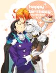  1boy 1girl ahoge bangs belt birthday birthday_cake black_hair black_legwear black_skirt blush breasts cake carrying chaldea_uniform closed_eyes collar dated english_text eyebrows_visible_through_hair fate/grand_order fate_(series) food forehead_kiss fujimaru_ritsuka_(female) fur fur-trimmed_jacket fur_trim gloves gradient_hair grin hair_ornament hair_scrunchie hair_slicked_back heart holding holding_tray jacket kiss long_hair long_sleeves mepo_(raven0) multicolored_hair nikola_tesla_(fate/grand_order) one_side_up open_mouth orange_hair pantyhose pleated_skirt scrunchie short_hair side_ponytail simple_background sitting sitting_on_hand skirt smile sparkle teeth thighs tray white_footwear 