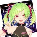  1girl arm_strap collarbone delutaya earrings fangs green_hair green_nails hair_behind_ear indie_virtual_youtuber jewelry nail_polish okazaki_toru open_mouth red_eyes solo triangle_earrings twintails twitter_username upper_body v v-shaped_eyebrows virtual_youtuber 