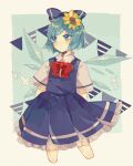  1girl absurdres blue_dress blue_eyes blue_hair bow bowtie cirno dress fairy flower hair_flower hair_ornament highres ice ice_wings multicolored_bow red_bow ru_cve_9 sparkle standing sunflower touhou wings yellow_flower 