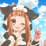  1girl animal_costume blush brown_hair clouds cow_costume hand_on_own_chin hand_up highres ichihara_nina idolmaster idolmaster_cinderella_girls idolmaster_cinderella_girls_starlight_stage long_hair long_sleeves looking_at_viewer one_eye_closed open_mouth rino_cnc smile solo yellow_eyes 