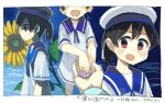  1girl bangs black_hair blue_sailor_collar border closed_mouth dress eyebrows_visible_through_hair flower hat hiburi_(kantai_collection) juraki_hakuaki kantai_collection multiple_views open_mouth ponytail red_eyes sailor_collar sailor_dress sailor_hat seashell shell short_sleeves sunflower translation_request water white_border white_dress 