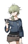  1girl amami_rantarou antenna_hair bangs belt breasts brown_shorts cellphone closed_mouth collarbone cowboy_shot dangan_ronpa_(series) dangan_ronpa_v3:_killing_harmony ear_piercing genderswap genderswap_(mtf) green_eyes green_hair hair_between_eyes holding holding_phone jewelry long_sleeves looking_at_viewer medium_breasts medium_hair messy_hair necklace no_(xpxz7347) off-shoulder_shirt off_shoulder phone piercing ponytail shirt short_shorts shorts simple_background single_bare_shoulder smartphone smile solo striped striped_shirt white_background 