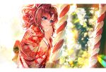  1girl baocaizi blue_eyes blush border brown_hair commentary_request floral_print hands_together highres ichinose_shiki idolmaster idolmaster_cinderella_girls japanese_clothes kimono long_hair looking_at_viewer messy_hair praying print_kimono red_kimono rope shimenawa smile solo white_border 