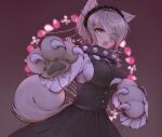  1girl :o animal_ears artist_name bangs black_collar black_dress blush breasts c01a_(cola) claws collar commentary cowboy_shot dangan_ronpa_(series) dangan_ronpa_v3:_killing_harmony dress eyes_visible_through_hair fang food_print gloves green_eyes hair_over_one_eye highres large_breasts long_sleeves looking_at_viewer one_eye_closed open_mouth oversized_object paws purple_hair short_hair skirt solo sparkle spider_web_print spiked_collar spikes strawberry_print tail toujou_kirumi wolf_ears wolf_girl wolf_tail 