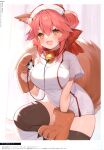  1girl absurdres animal_ear_fluff animal_ears bangs bare_legs bed bell bell_collar black_legwear blush bow breasts brown_eyes cat_paws claws collar curtains dress eyebrows_visible_through_hair fang fate/grand_order fate_(series) fox_ears fox_girl fox_tail gloves hair_bow hair_ornament hair_up hat highres holding_stethoscope indoors infirmary jingle_bell large_breasts long_hair looking_at_viewer muryotaro nurse nurse_cap open_mouth paw_gloves paws pink_hair scan shiny shiny_hair shiny_skin short_dress short_sleeves sidelocks skin_fang smile solo stethoscope tail tamamo_(fate)_(all) tamamo_cat_(fate) thigh-highs thighs tied_hair 