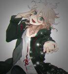  1boy :d bangs blurry collarbone commentary_request dangan_ronpa_(series) dangan_ronpa_2:_goodbye_despair depth_of_field green_eyes grey_background grey_hair hands_on_own_face hands_up hita_(hitapita) hood hooded_jacket jacket komaeda_nagito long_sleeves looking_at_viewer male_focus messy_hair open_clothes open_jacket open_mouth outstretched_hand shirt simple_background smile solo teeth upper_body 