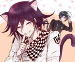  2boys ahoge animal_ears artist_name bangs black_hair black_jacket blush brown_background brown_eyes c01a_(cola) cat_boy cat_ears cat_tail checkered checkered_neckwear checkered_scarf commentary dangan_ronpa_(series) dangan_ronpa_v3:_killing_harmony english_commentary flying_sweatdrops grin hair_between_eyes hand_up highres index_finger_raised jacket kemonomimi_mode long_sleeves looking_at_viewer male_focus multiple_boys open_mouth ouma_kokichi paw_print_background saihara_shuuichi scarf short_hair smile solo_focus straitjacket striped_jacket tail upper_body violet_eyes white_jacket 